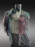 Boho artistic handmade poncho with fringe in teal green shades, statement fashion shawl