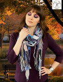 Boho neutral fiber fringe scarf with upcycyled fabric and art yarn in Lavender Blue Gray