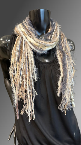 bohemian style Scarf, ivory luxury art yarn Scarf, fur fringe scarf, boho fashion, fiber necklace, indie scarf