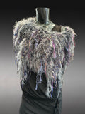 Bohemian style faux Fur wrap with fringe, luxury fur knit capulet, gray purple Fiber Art Wrap