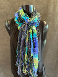 Handmade art yarn fringe scarf with art yarns , Fringie scarf in blue green purple, women gift, boho accessory, vibrant color scarf