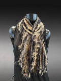 Cowgirl style black tan neutral color fringe scarf with art yarns, Luxury avant garde fringe scarf