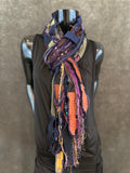 Lightweight navy rust purple fabric plus art yarn Scarf, Shreds Fringie yarn scarf, funky eco-friendly clothing