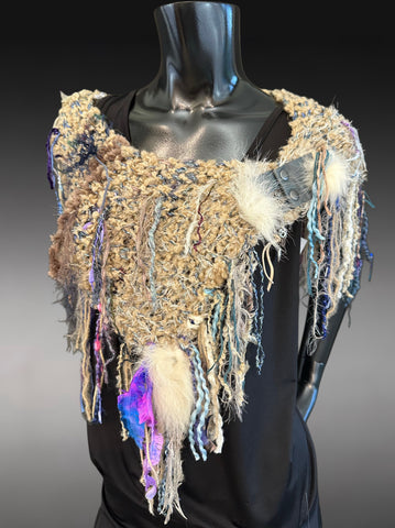 Cream beige aqua Cowl with fringe and snaps, cowgirl style, boho style