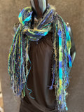 Handmade art yarn fringe scarf with art yarns , Fringie scarf in blue green purple, women gift, boho accessory, vibrant color scarf