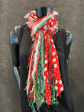 Christmas Scarf, Grinch Fringie, Christmas color red, green red and white with polka dots and lime green, fashion scarf for Christmas, dots