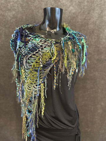 Poncholette in blue green, Boho hippie fringed shoulder wrap