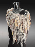 Boho chic Fur Taupe poncholette, Fringed shoulder wrap with faux fur, luxury fur knit capulet,