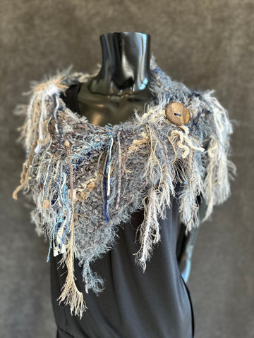 Hand knit Eclectic Boho Cowl, Jean blue gray fringed women shoulder wrap