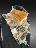 Avant Garde neck cowl scarf in mustard yellow and gray, couture boho chic scarf, upcycled fabric cowls