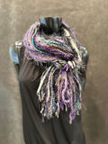 Unique handmade Boho style fringe scarf in Purple blue gray, funky scarf