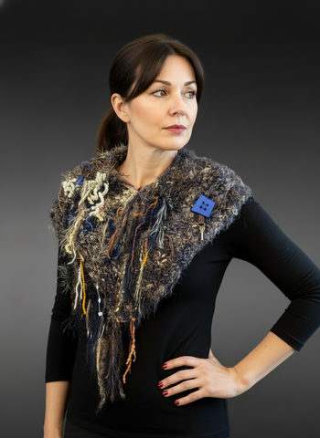 Eclectic knit fringed Boho Cowl in blue brown shades. Artistic huntress neck cowl