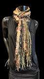 Bohemian style Fringe Scarf, Green Rust Brown handmade Scarf, boho fashion scarf, petite funky scarf, yarn feather scarf