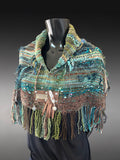 Woven saori style boho or viking style poncholette with art yarns, Green brown Woven Cowl, nature inspired clothing