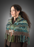Woven saori style boho or viking style poncholette with art yarns, Green brown Woven Cowl, nature inspired clothing