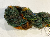 Hand spun merino longwool leincaster bulky yarn, green orange handspun yarn