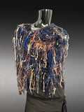 Poncho in blue brown rust, Boho hippie fringed Knit handmade Poncho, shoulder wrap