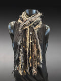 Cowgirl style black tan neutral color fringe scarf with art yarns, Luxury avant garde fringe scarf