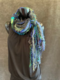 Handmade art yarn fringe scarf with art yarns , Fringie scarf in blue green purple, women gift, boho accessory, vibrant color scarf