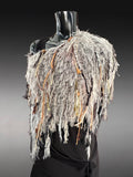 Boho chic Fur Taupe poncholette, Fringed shoulder wrap with faux fur, luxury fur knit capulet,