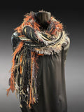 Boho style long scarf in black rust neutrals, biker scarf, cowgirl fashion indie accessories