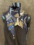 Upcycled couture neck cowl scarf in navy olive jean boho hippie eco-friendly scarves, fabric neckwarmer