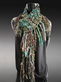 Lightweight knit teal fringed scarf, bohemian jewel tone triangle -shape Scarf, ribbon knit scarf