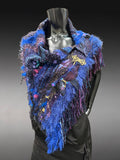 Saori style woven electric blue poncholette, bohemian or avant garde fashion shawl