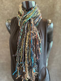 Boho style Scarf, black teal brown luxury art yarn Scarf, scrappy street style scarf