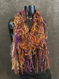 Hand knit Boho style fringed scarf in autumn shades