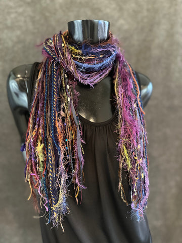 Art yarn scarf, Fringie in rainbow Jewel tones, Fringe Scarf, Stevie nicks style, boho chic, funky scarf, hippie fashion