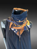 Artisan Fiber Art Scarf – Handcrafted Textured Statement Scarf in Midnight Blue and Golden beige - Wearable Textile Art
