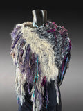 Boho Fringe Fiber Art Poncho – Handcrafted Textural Wrap in Purple Taupe, OOAK Wearable Art shawl
