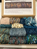 Knitting art yarn bundle, 1.5 lbs, fiber pack, weaving yarns, bulk blue green yarn gift box
