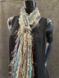 Boho chic Scarf, aqua blue beige cream luxury art yarn Scarf, scrappy art scarf