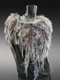 Bohemian style faux Fur wrap with fringe, luxury fur knit capulet, gray purple Fiber Art Wrap