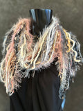 Boho Art yarn fringie scarf in gray pink whites. Bohemian fashion