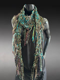 Lightweight knit teal fringed scarf, bohemian jewel tone triangle -shape Scarf, ribbon knit scarf