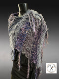 Boho Fringe Fiber Art Poncho – Handcrafted Textural Wrap in Purple Taupe, OOAK Wearable Art shawl