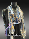 Boho blue jean Scarf, Artisan fiber fringe scarf, tribal scarves, deconstructed fashion