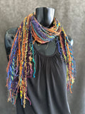 Mardi Gras fringie yarn scarf, vibrant color rainbow fringe scarf