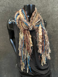 Fringie boho style scarf in aqua tan brown, Bohemian funky scarves, unique gifts