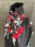 Boho couture fabric scarf, free form scarf, couture black red scarf