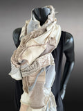 Couture upcycled fabric long scarf, Shreds series bohemian style, upcycled indie clothing, blue jean cream scarf, wrap shawl