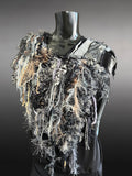 Knit Black White poncholette with fringe and animal prints, couture fashion