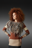 Boho chic Fur Taupe poncholette, Fringed shoulder wrap with faux fur, luxury fur knit capulet,