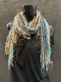 Boho chic Scarf, aqua blue beige cream luxury art yarn Scarf, scrappy art scarf