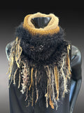 Artisan knit fur turtleneck scarf, Textured Boho Knit Neck Warmer with Statement Fringe