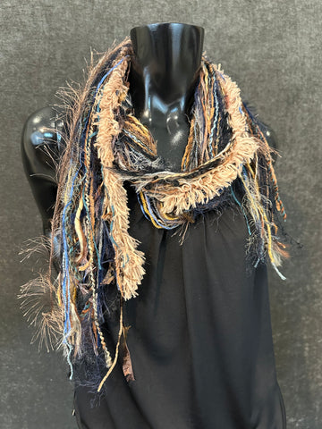 Fringie Yarn Scarf, Bohemian Scarf, Fringie in tan aqua petite scarf, cowgirl style scarves