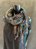 Boho style Scarf, black teal brown luxury art yarn Scarf, scrappy street style scarf